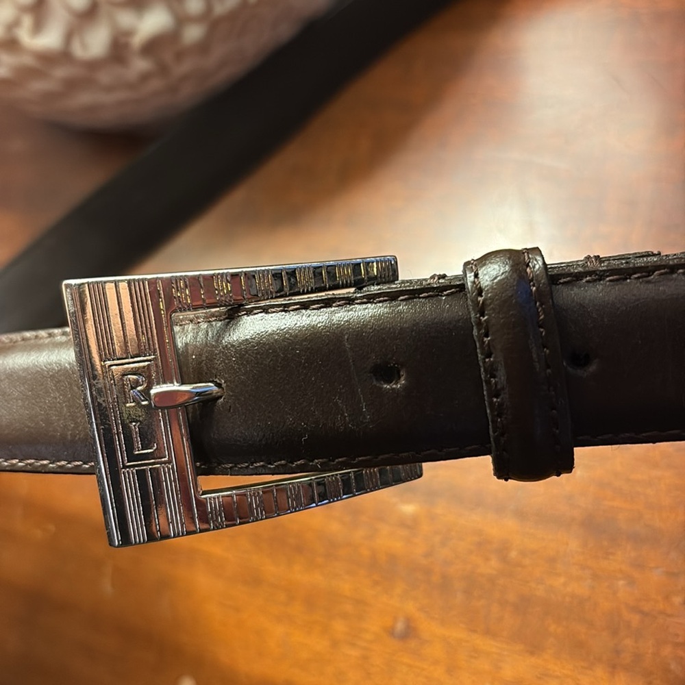 RALPH LAUREN BELT Brown Logo on Silver Buckle